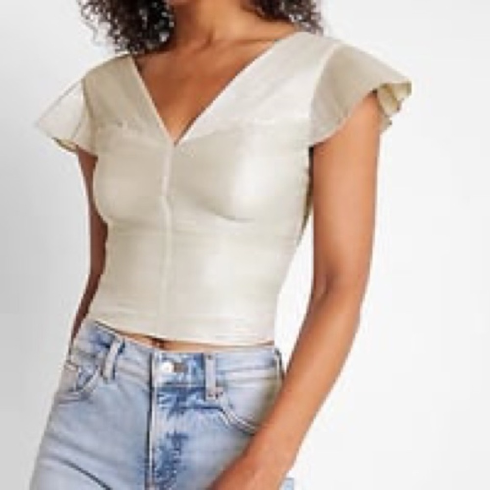 Express Cream Metallic Pleated Flutter Sleeve Blouse